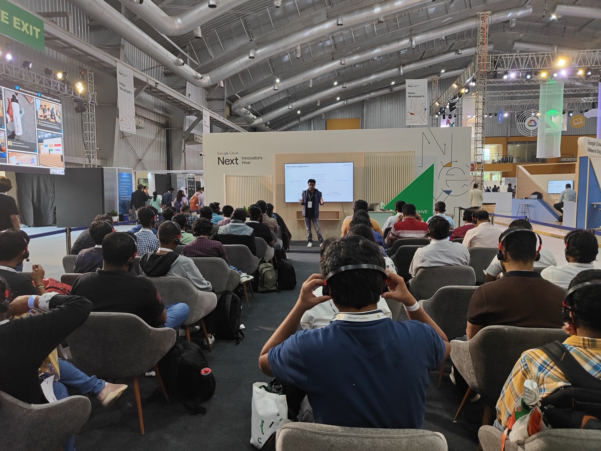 Wide shot of the packed audience